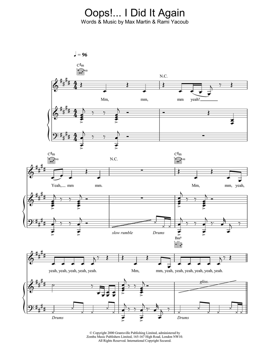 Oops! I Did It Again Piano, Vocal, Guitar scores gallery preview page 1