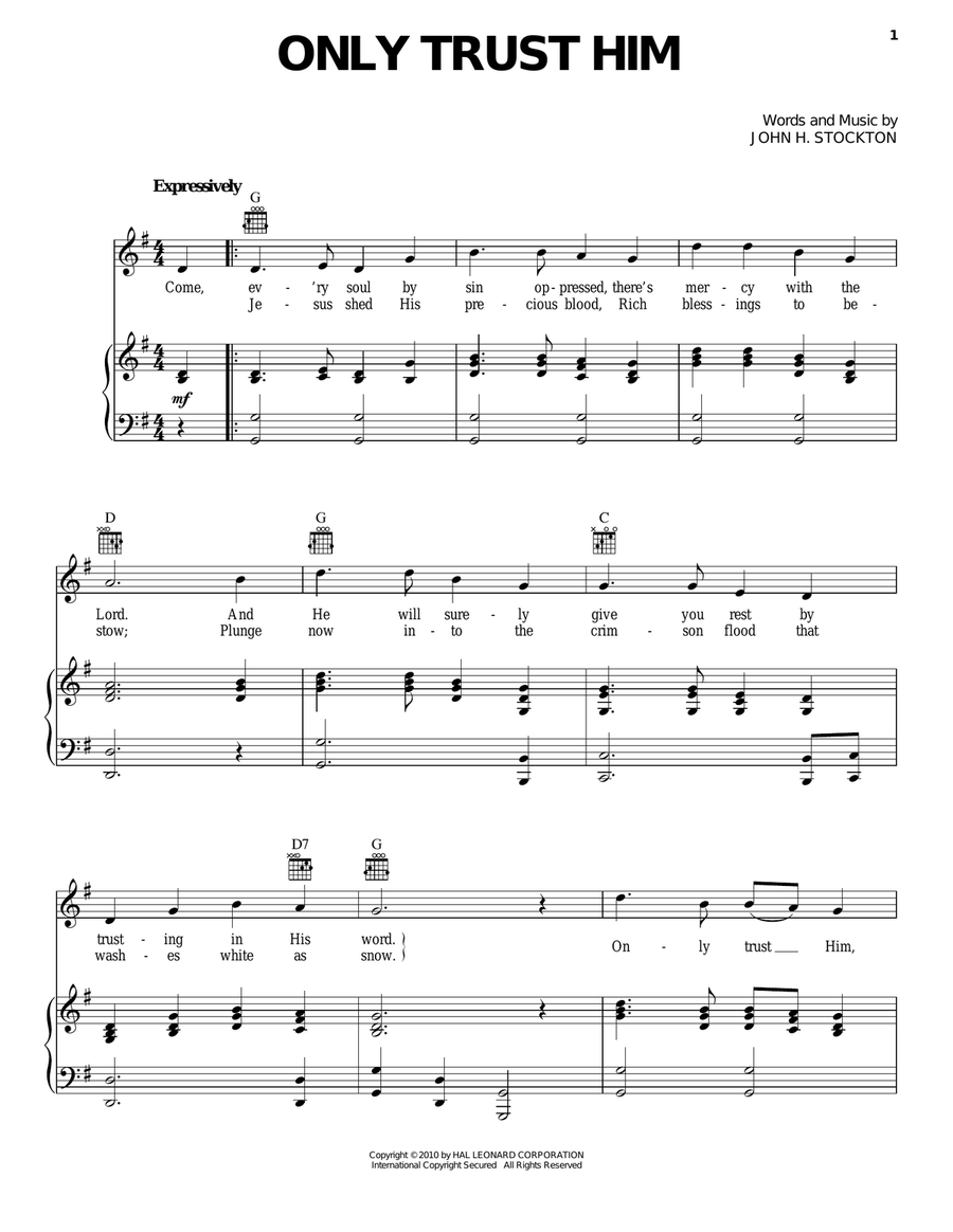 Only Trust Him Only Trust Him Piano, Vocal, Guitar scores gallery preview page 1