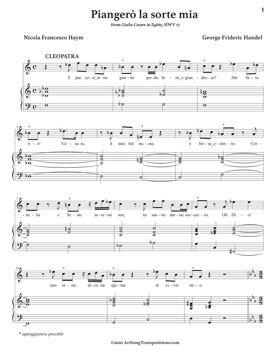 HANDEL: Piangerò la sorte mia (transposed to E-flat major) Piano, Vocal scores gallery preview page 2