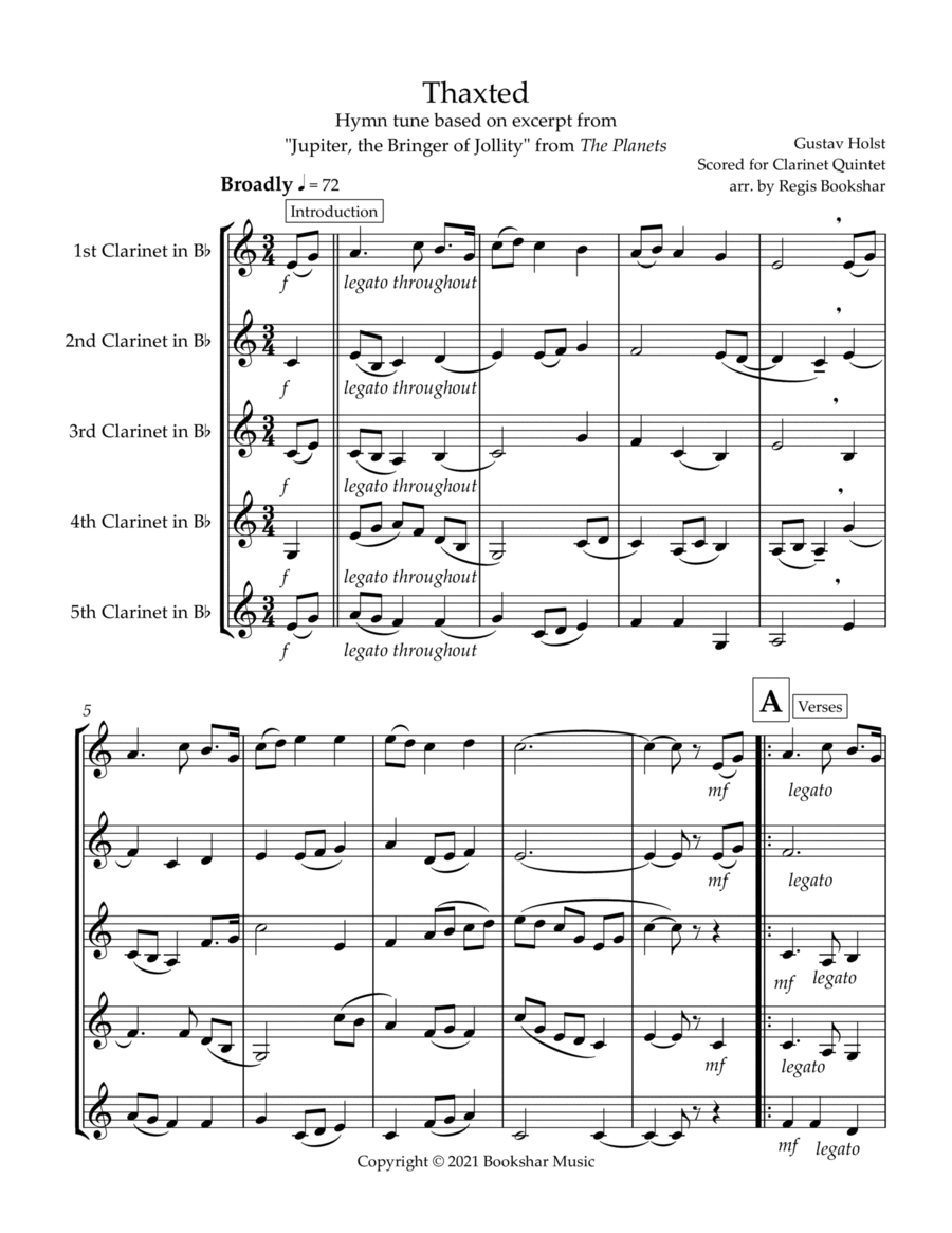 Thaxted (hymn tune based on excerpt from "Jupiter" from The Planets) (Bb) (Clarinet Quintet) image number null