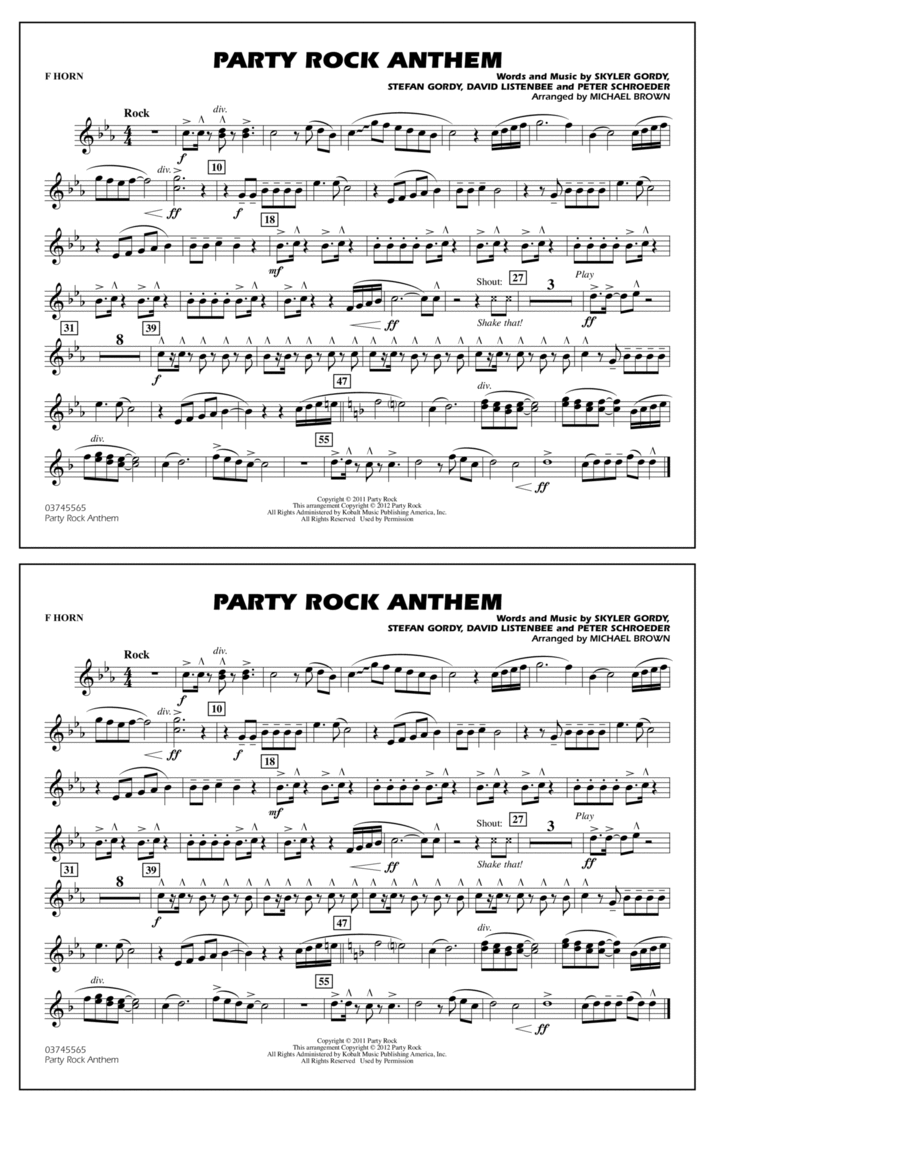 Party Rock Anthem - F Horn Marching Band scores gallery preview page 1