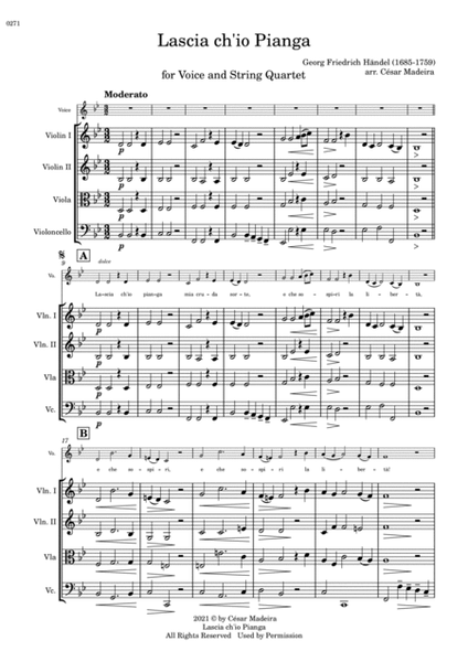 Lascia Ch'io Pianga - Voice and String Quartet - Bb Major (Full Score) - Score Only image number null