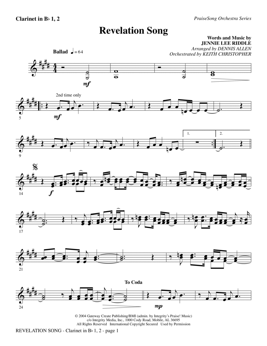 Revelation Song - Clarinet 1 & 2 Choir scores gallery preview page 1