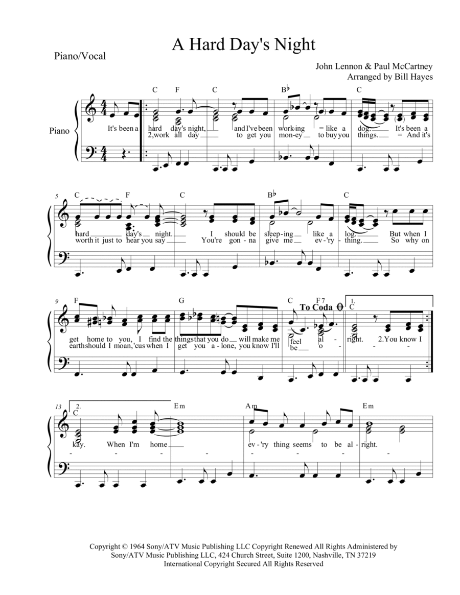 A Hard Day's Night Piano, Vocal, Guitar scores gallery preview page 1