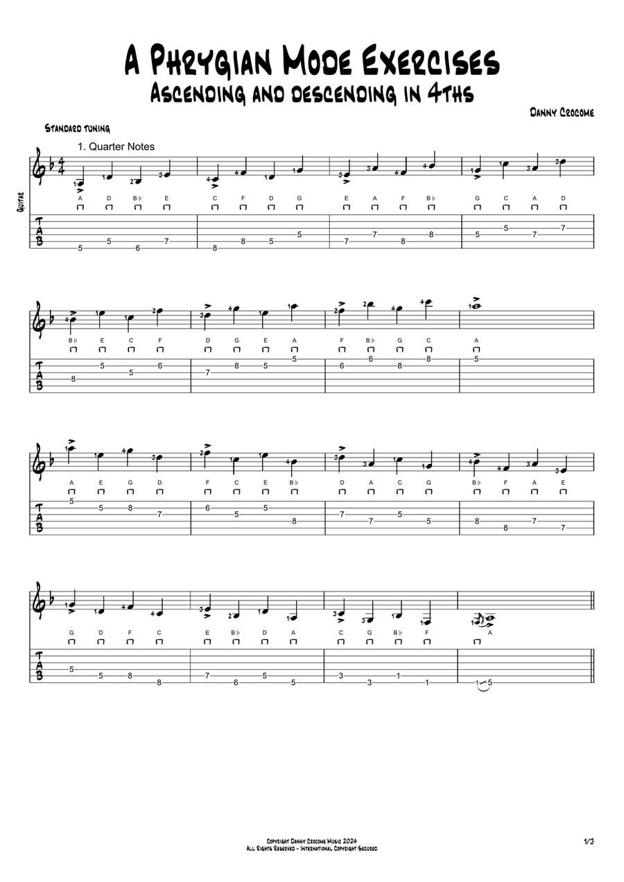 A Phrygian Mode Exercises - Ascending and Descending in 4ths Acoustic Guitar scores gallery preview page 1