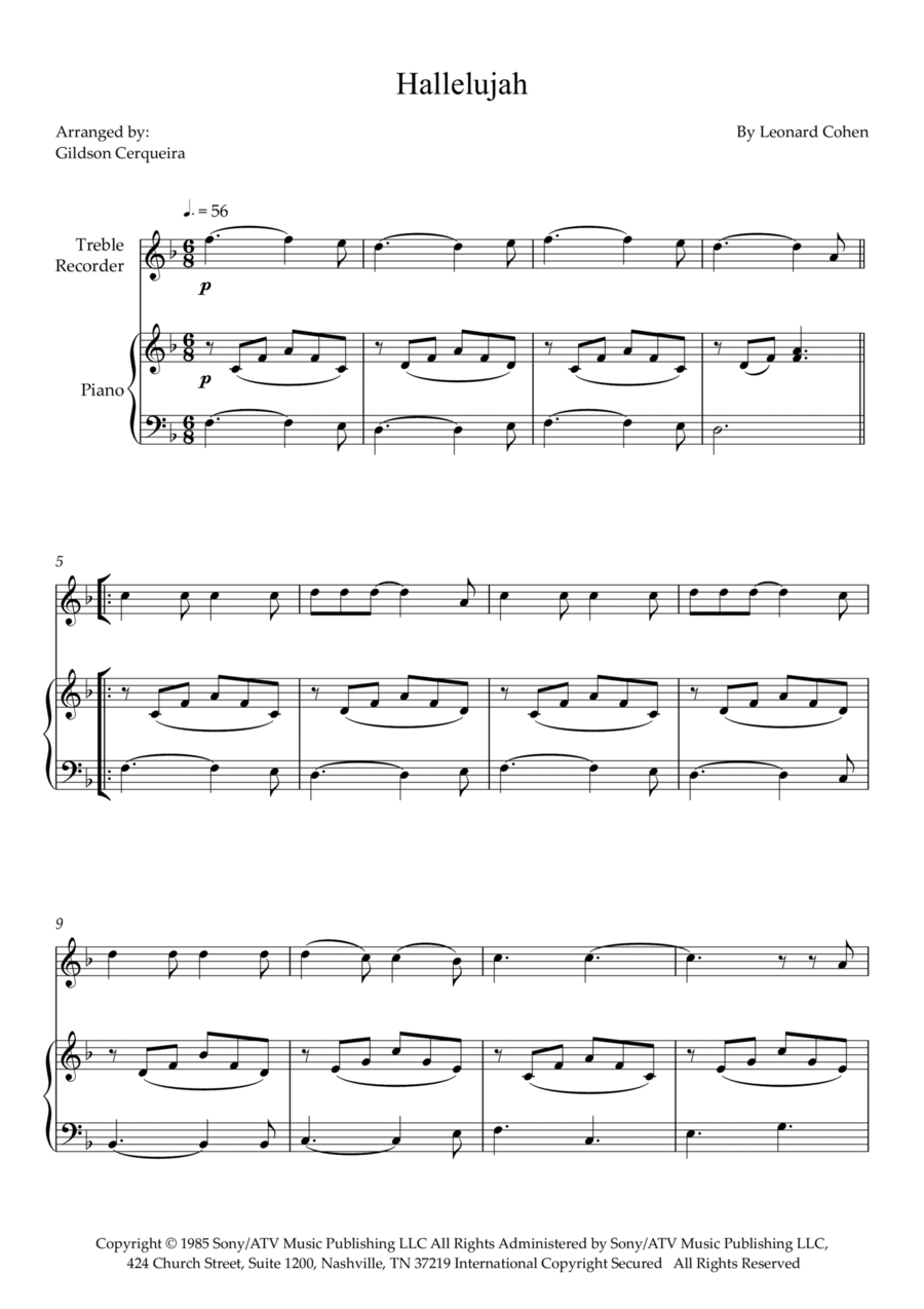Hallelujah Alto Recorder scores gallery preview page 1
