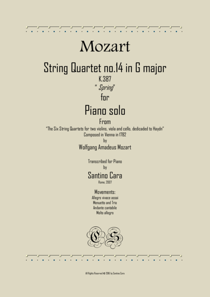 Mozart – Complete String quartet no.14 in G major K387 (Spring) for piano solo image number null