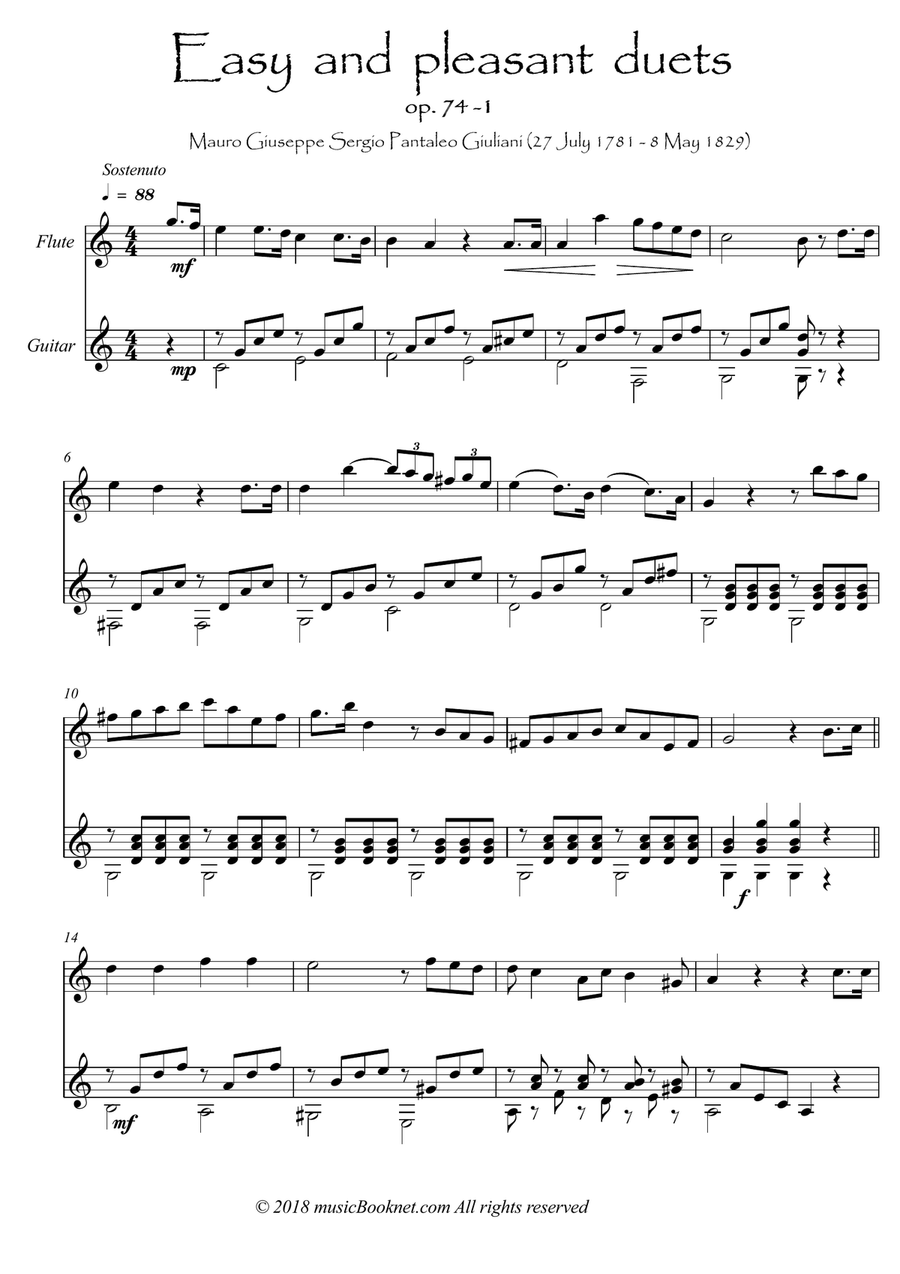 Easy Flute Guitar duets play along by Giuliani part I Flute scores gallery preview page 1