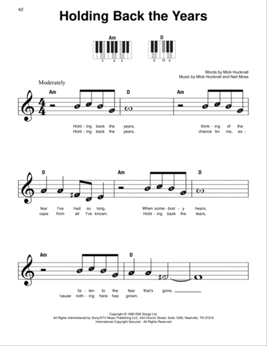 Holding Back The Years Easy Piano scores gallery preview page 1
