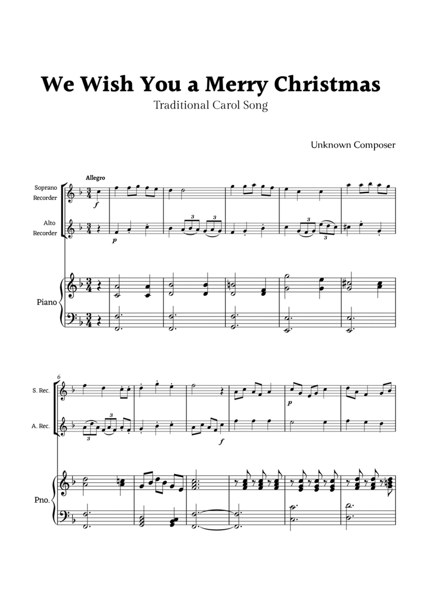We Wish you a Merry Christmas for Recorder Duet with Piano image number null