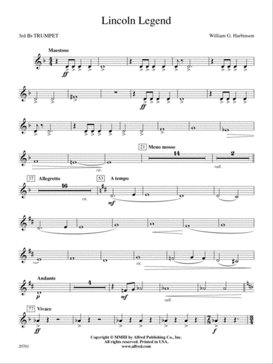 Lincoln Legend: 3rd B-flat Trumpet Concert Band scores gallery preview page 1