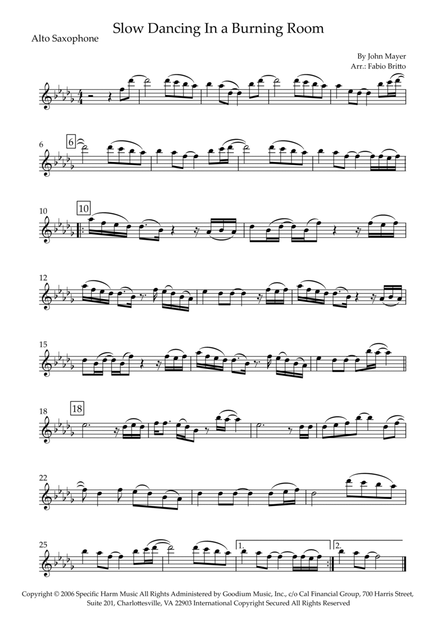 Slow Dancing In A Burning Room Alto Saxophone scores gallery preview page 1