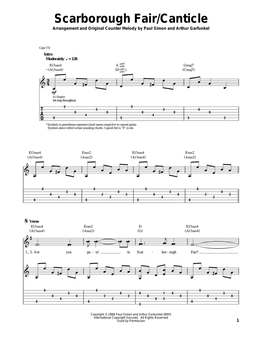 Scarborough Fair/Canticle Acoustic Guitar scores gallery preview page 1