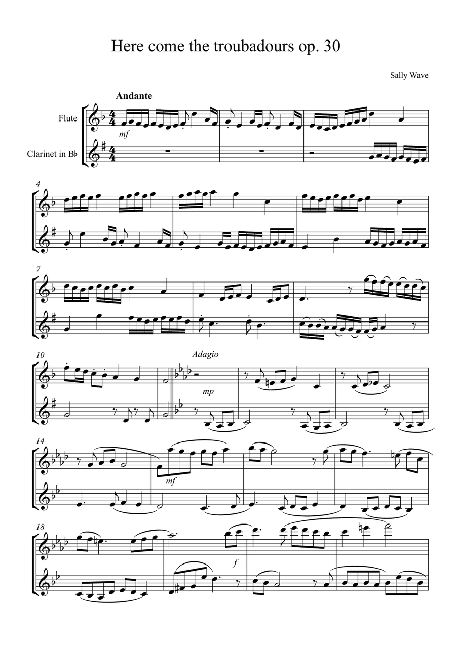 Here come the troubadours op. 30 for Flute and Clarinet - full score Woodwind Duet scores gallery preview page 2