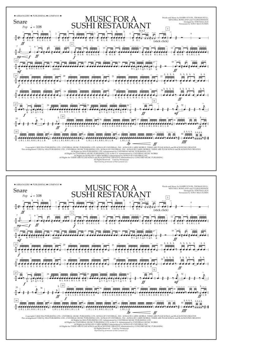Music For A Sushi Restaurant (arr. Tom Wallace) - Snare Marching Band scores gallery preview page 1