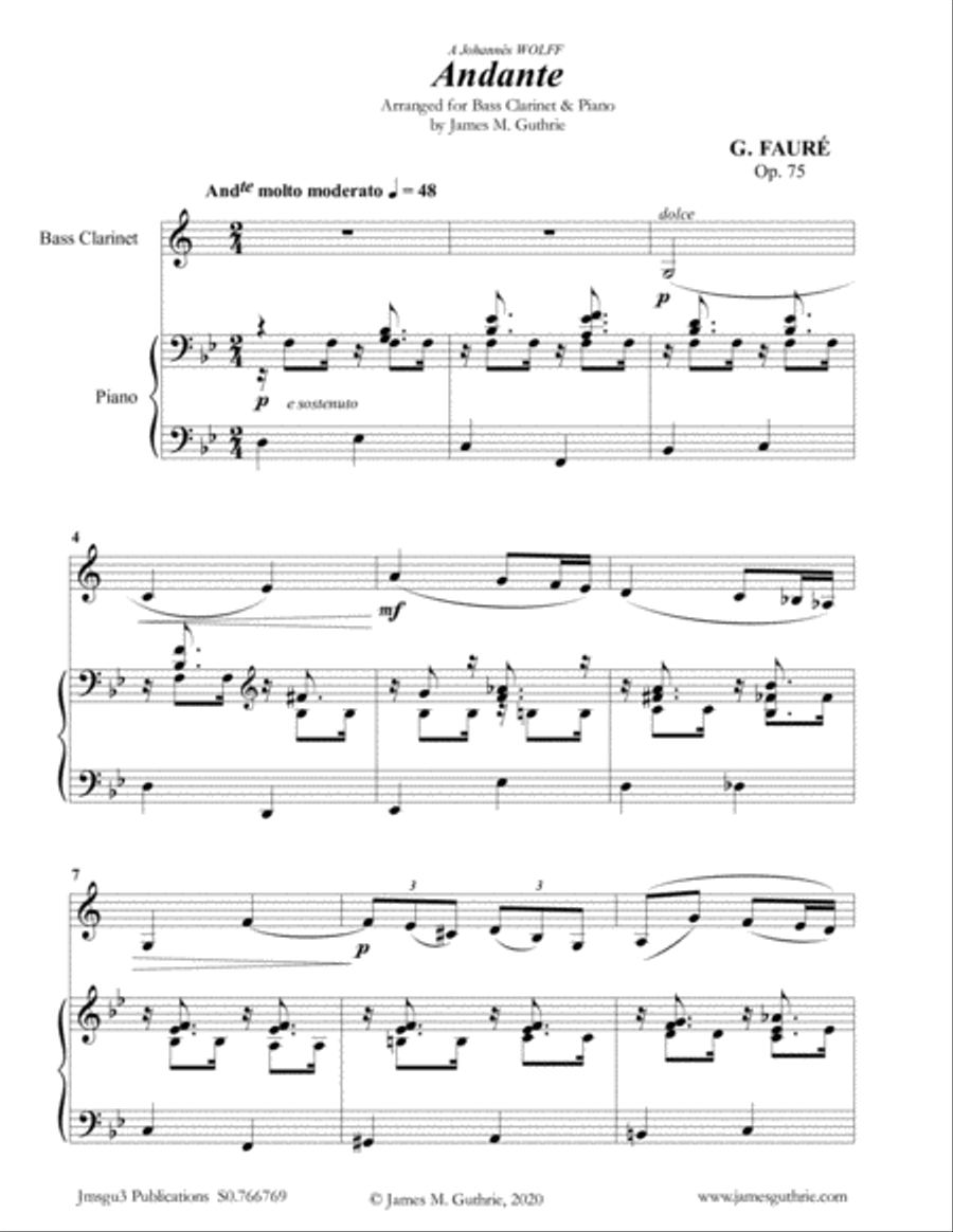 Fauré: Andante Op. 75 for Bass Clarinet & Piano Bass Clarinet scores gallery preview page 1