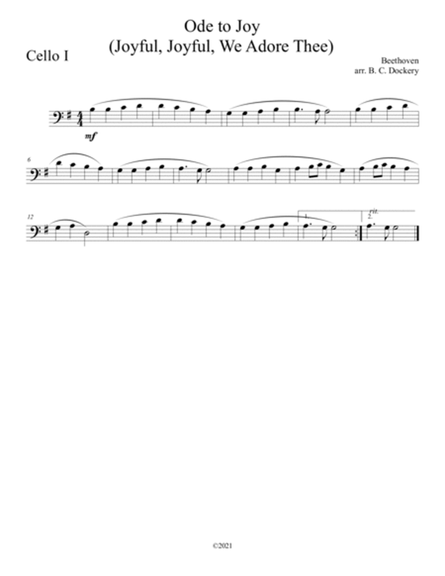 Ode to Joy (Joyful, Joyful, We Adore Thee) for cello duet with piano accompaniment image number null