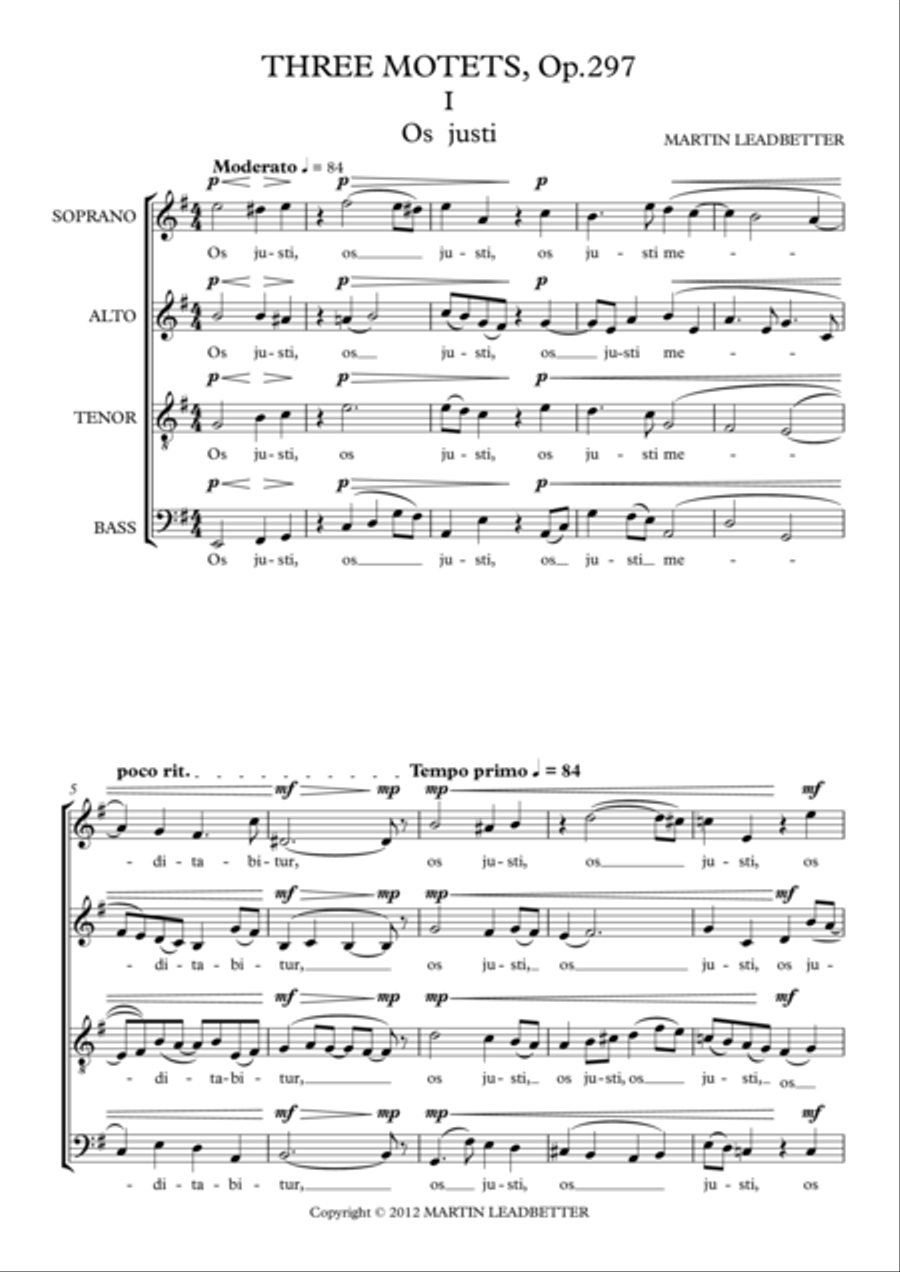 Three Motets, Op.297: 1. Os Justi 2. O Vos Omnes 3. Cantate Domino 4-Part scores gallery preview page 1