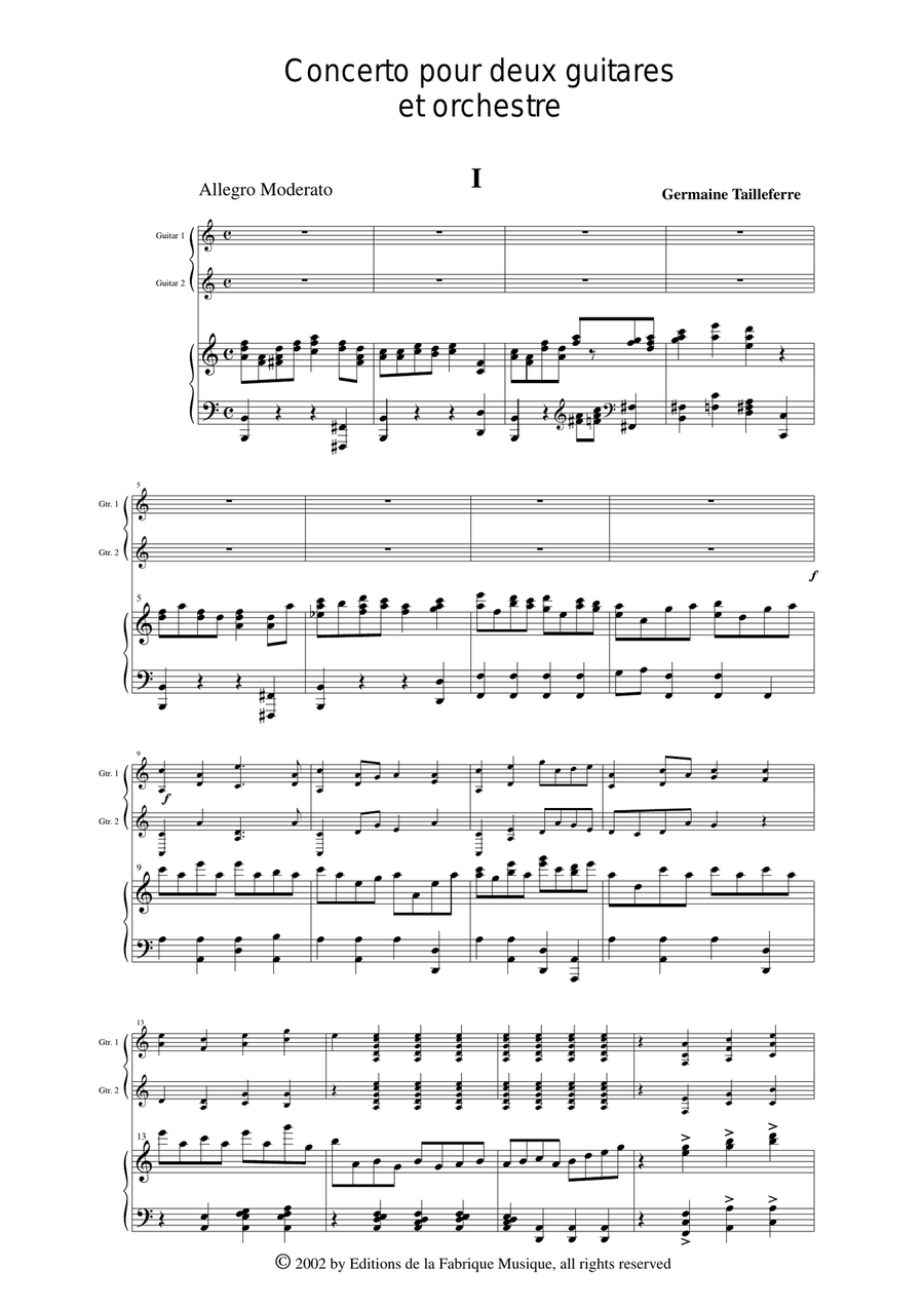 Germaine Tailleferre: Concerto for two guitars and orchestra, reduction for two guitars and piano