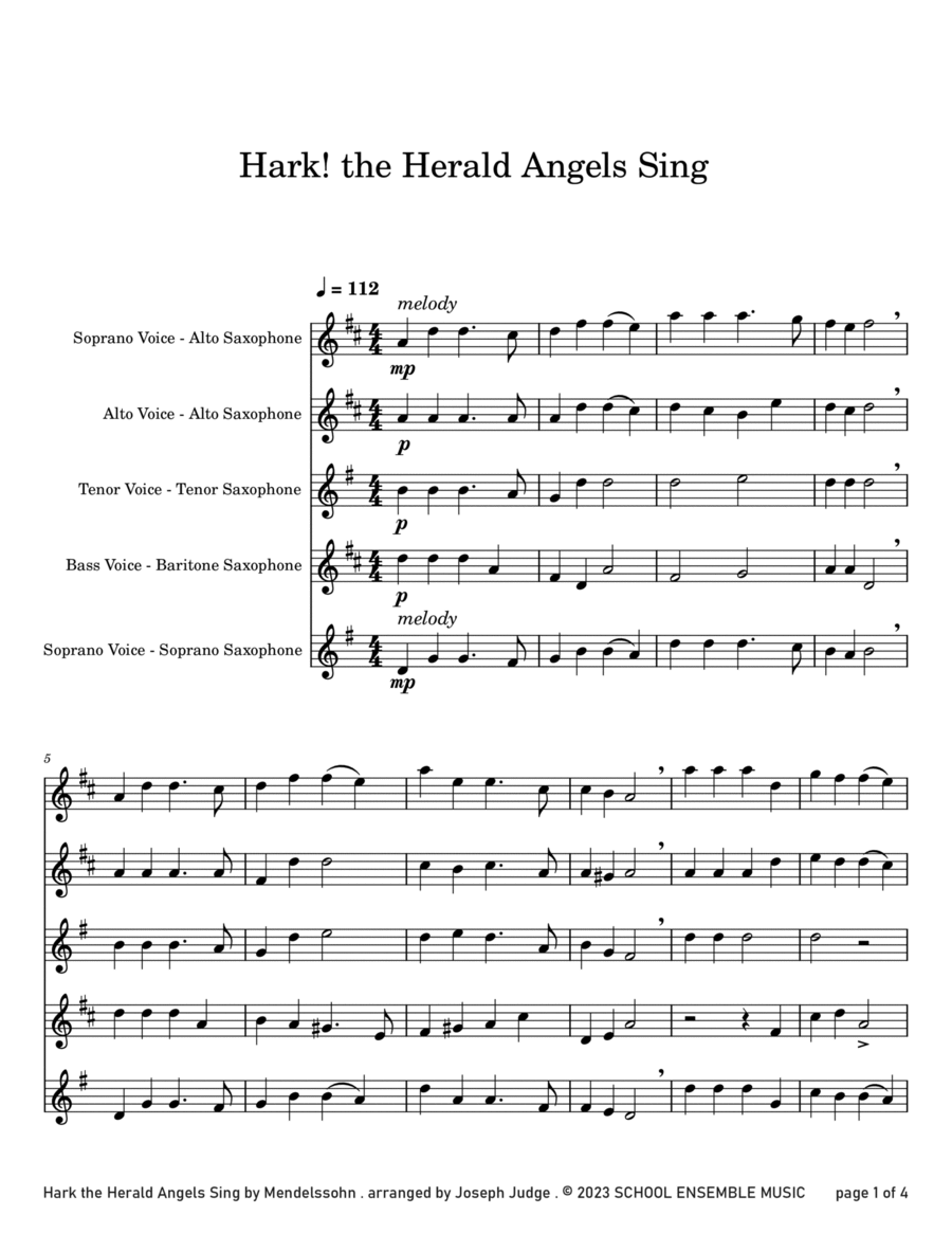 Hark The Herald Angels Sing for Saxophone Quartet in Schools Saxophone Quartet scores gallery preview page 1