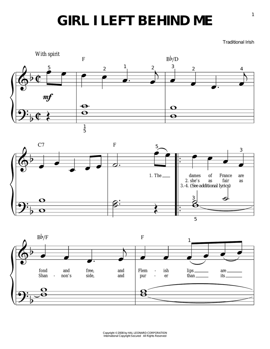 Girl I Left Behind Me Girl I Left Behind Me Easy Piano scores gallery preview page 1