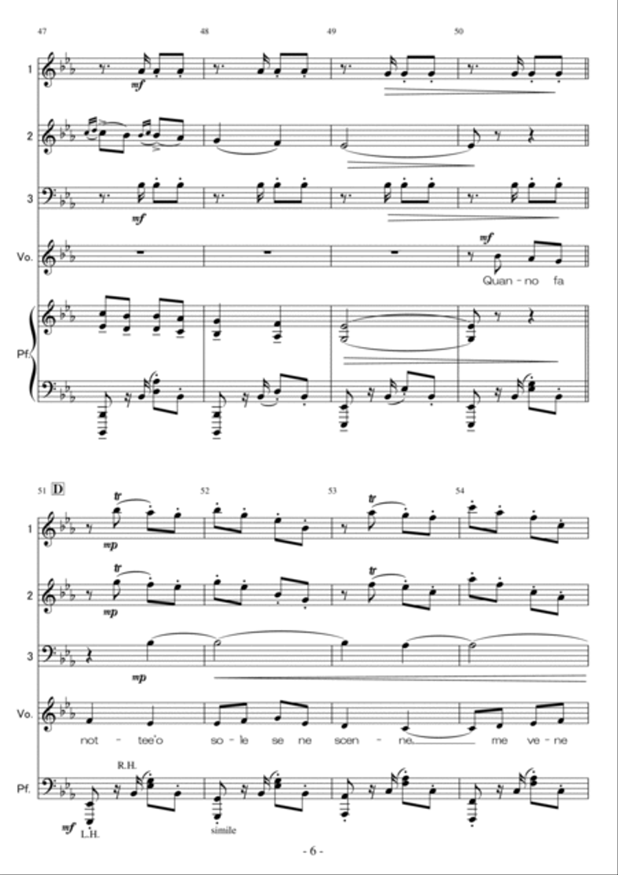<Flex Piano Quartet and Vocal > 'O sole mio for Low Voice (Key:Eb) <Flex Piano Quartet and Vocal > 'O sole mio for Low Voice (Key:Eb) Large Ensemble scores gallery preview page 6