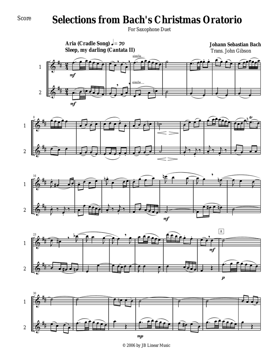 Bach's Christmas Oratorio Selections for Saxophone Duet Woodwind Duet scores gallery preview page 1