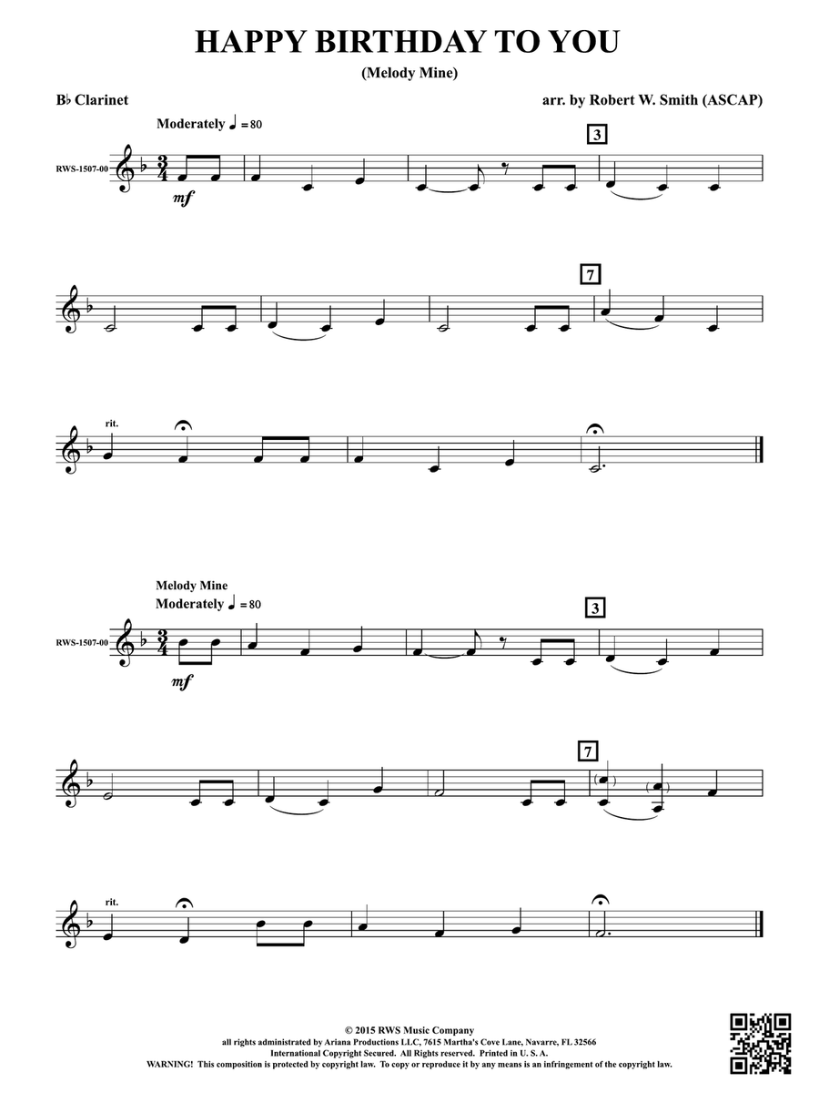 Happy Birthday to You: 1st B-flat Clarinet B-Flat Clarinet scores gallery preview page 1