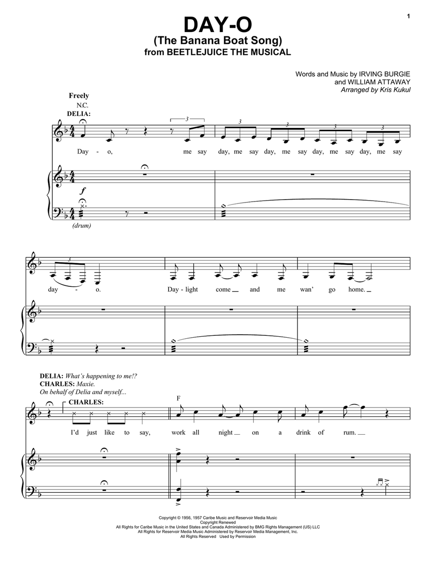 Day-O (The Banana Boat Song) (from Beetlejuice The Musical) (arr. Kris Kulul) Piano, Vocal scores gallery preview page 1