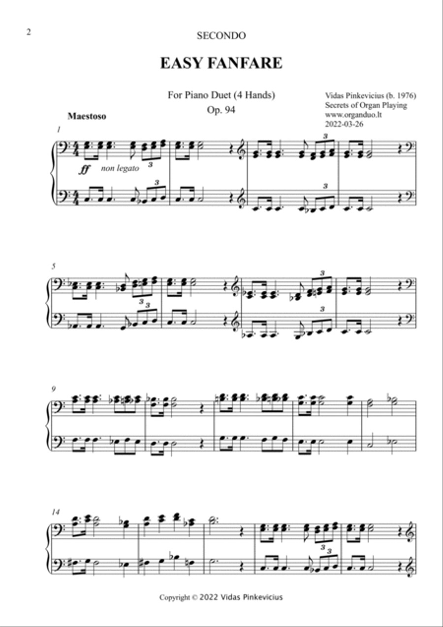 Easy Fanfare, Op. 94 (Piano Duet, 4 Hands) by Vidas Pinkevicius (2022) Easy Piano scores gallery preview page 2