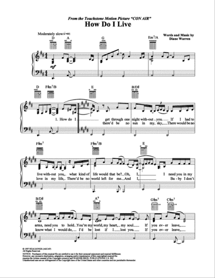 How Do I Live Piano, Vocal, Guitar scores gallery preview page 1