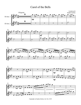 Carol of the Bells (treble Eb instrument duet, parts only)