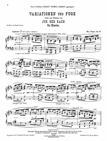 Variationen und Fuge uber ein Thema von Joh. Seb. Bach : fur Klavier, op. 81 [Revidiert von Theodor Prusse]