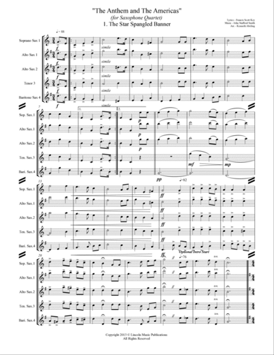 The U.S. National Anthem and The Americas (for Saxophone Quartet SATB or AATB) Saxophone Quartet scores gallery preview page 2