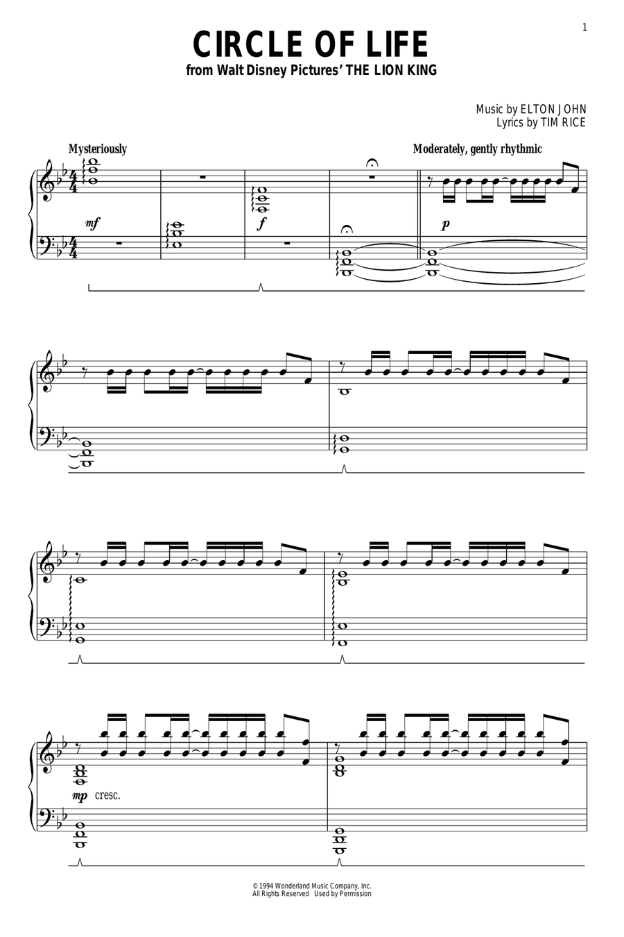 Circle Of Life (from The Lion King) Piano Solo scores gallery preview page 1