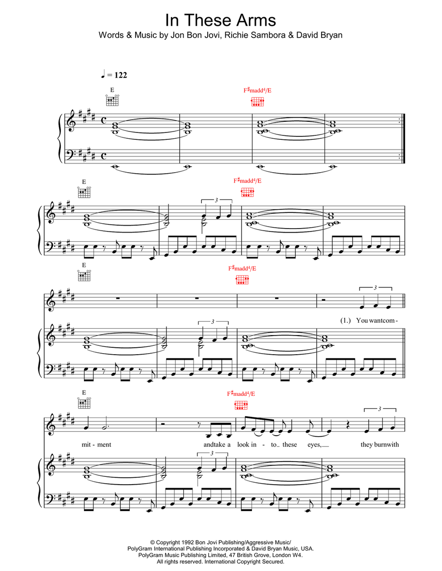 In These Arms Piano, Vocal, Guitar scores gallery preview page 1