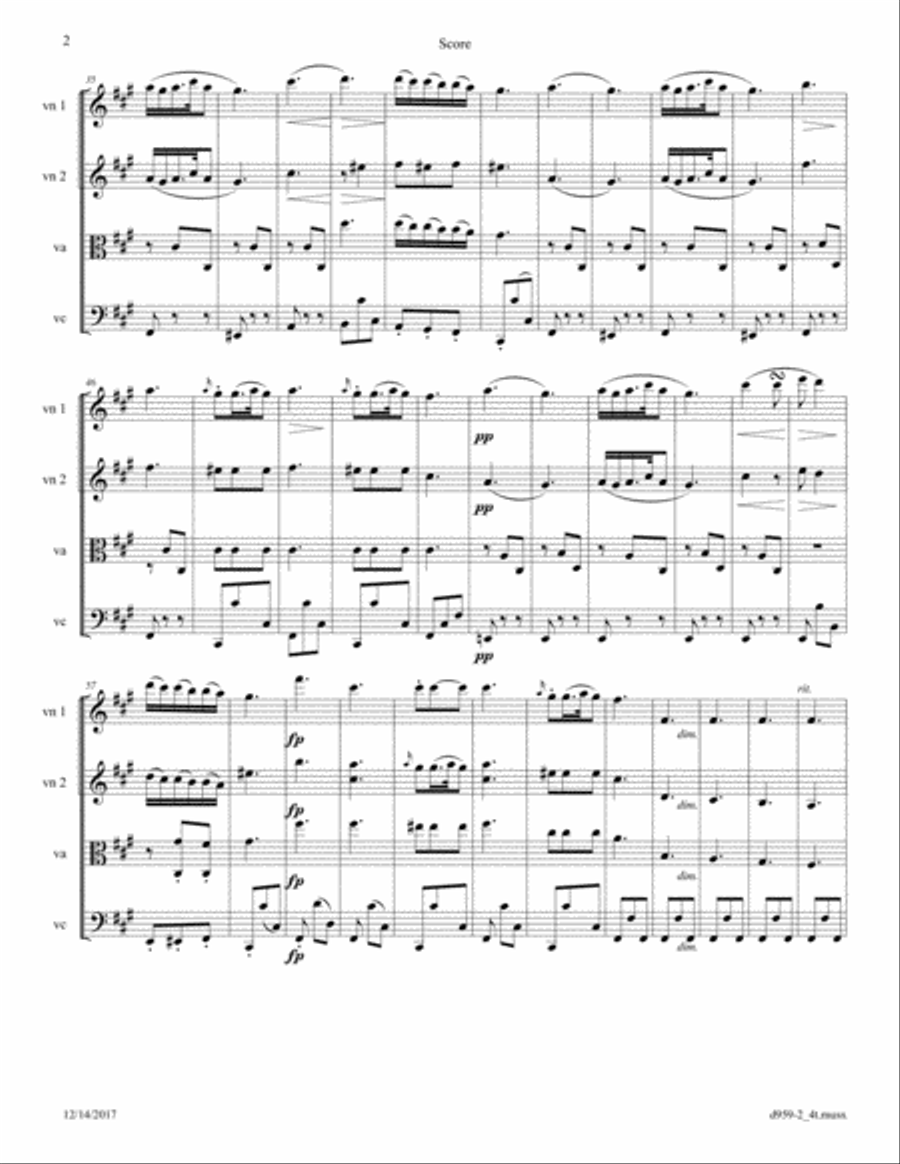 Schubert: Piano Sonata D 959, 2nd Movement arr. for String Quartet String Quartet scores gallery preview page 2