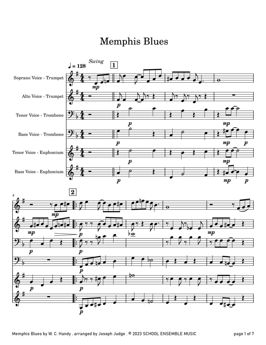 Memphis Blues by Handy for Brass Quartet in Schools Brass Quartet scores gallery preview page 1