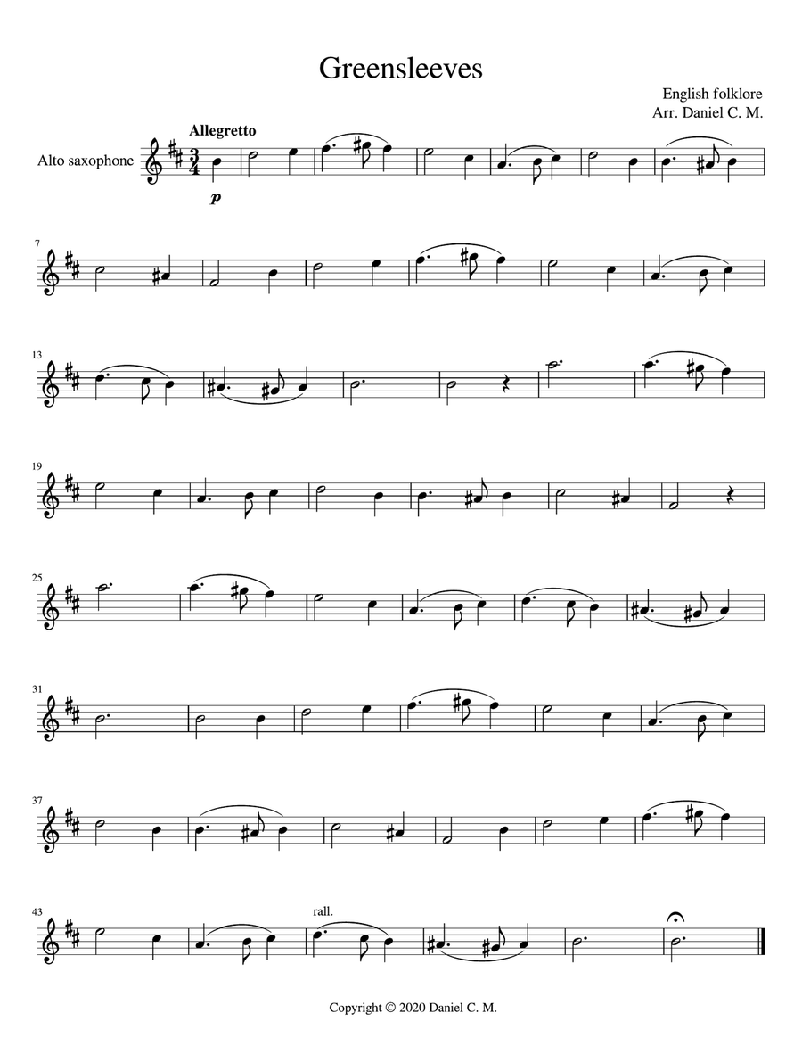 Greensleeves for alto saxophone and piano Greensleeves for alto saxophone and piano Alto Saxophone scores gallery preview page 1