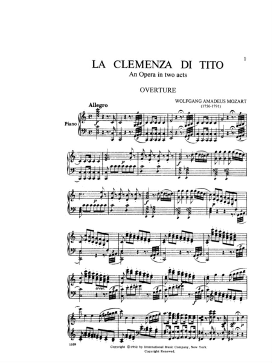 La Clemenza Di Tito, K. 621, Opera. With Complete Recitatives And Libretto.