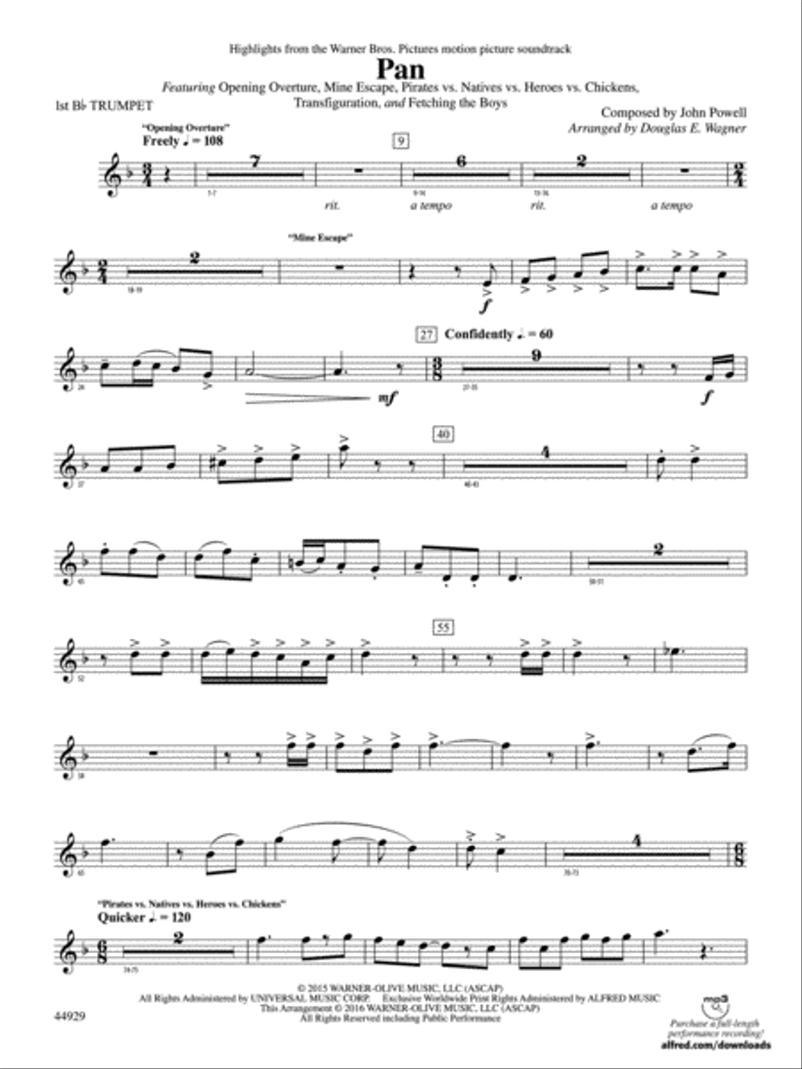 Pan: Highlights from the Warner Bros. Pictures Motion Picture Soundtrack: 1st B-flat Trumpet Concert Band scores gallery preview page 1
