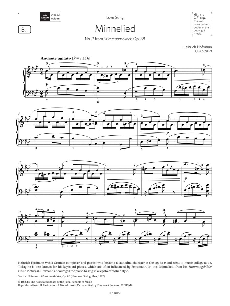 Minnelied (Grade 5, list B1, from the ABRSM Piano Syllabus 2023 & 2024) Piano Method scores gallery preview page 1