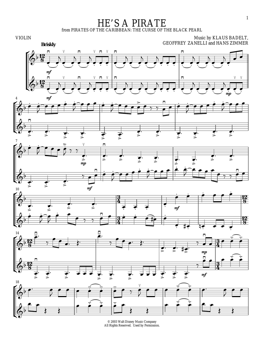 He's A Pirate (from Pirates Of The Caribbean: The Curse Of The Black Pearl) String Duet scores gallery preview page 1
