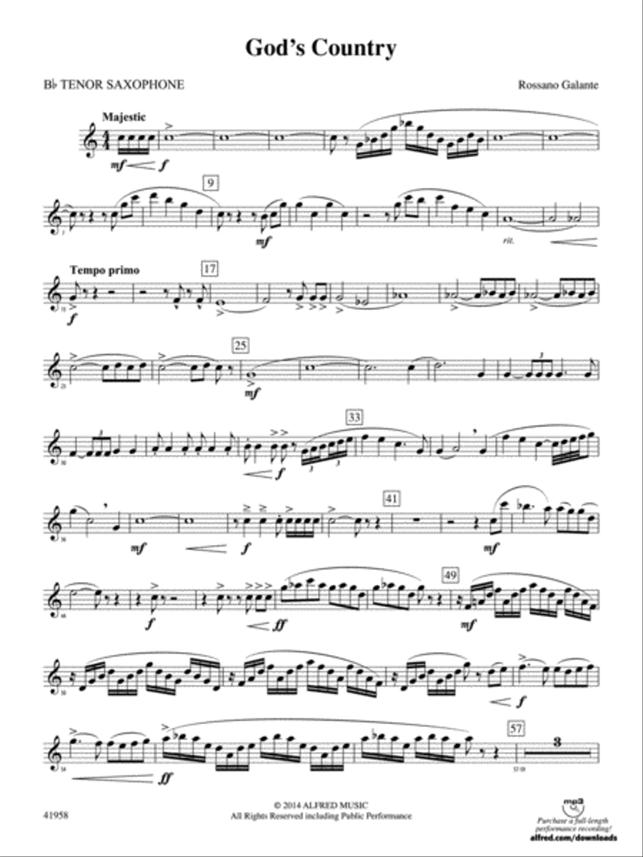God's Country: B-flat Tenor Saxophone Concert Band scores gallery preview page 1