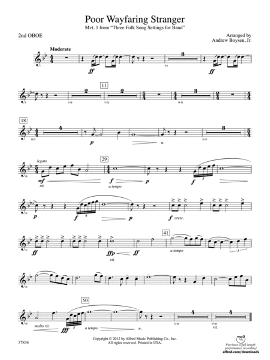Poor Wayfaring Stranger: 2nd Oboe Concert Band scores gallery preview page 1