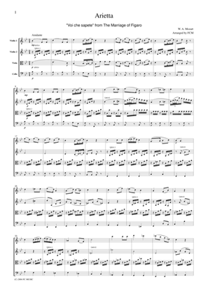 Mozart Arietta Voi che sapete from The Marriage of Figaro, for string quartet, CM013