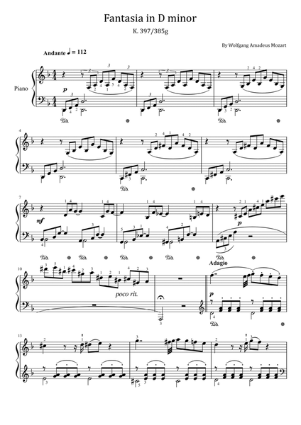 Mozart Fantasia in D Minor - K. 397/385g - Original With Fingered image number null