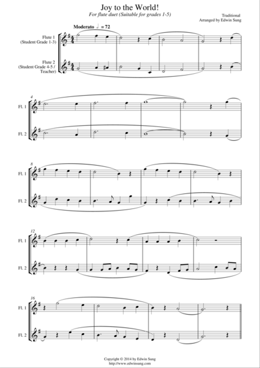 Joy to the World (for flute duet, suitable for grades 1-5) Flute Duet scores gallery preview page 1