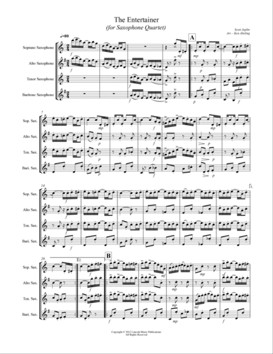 Joplin - “The Entertainer” (for Saxophone Quartet SATB) Saxophone Quartet scores gallery preview page 2
