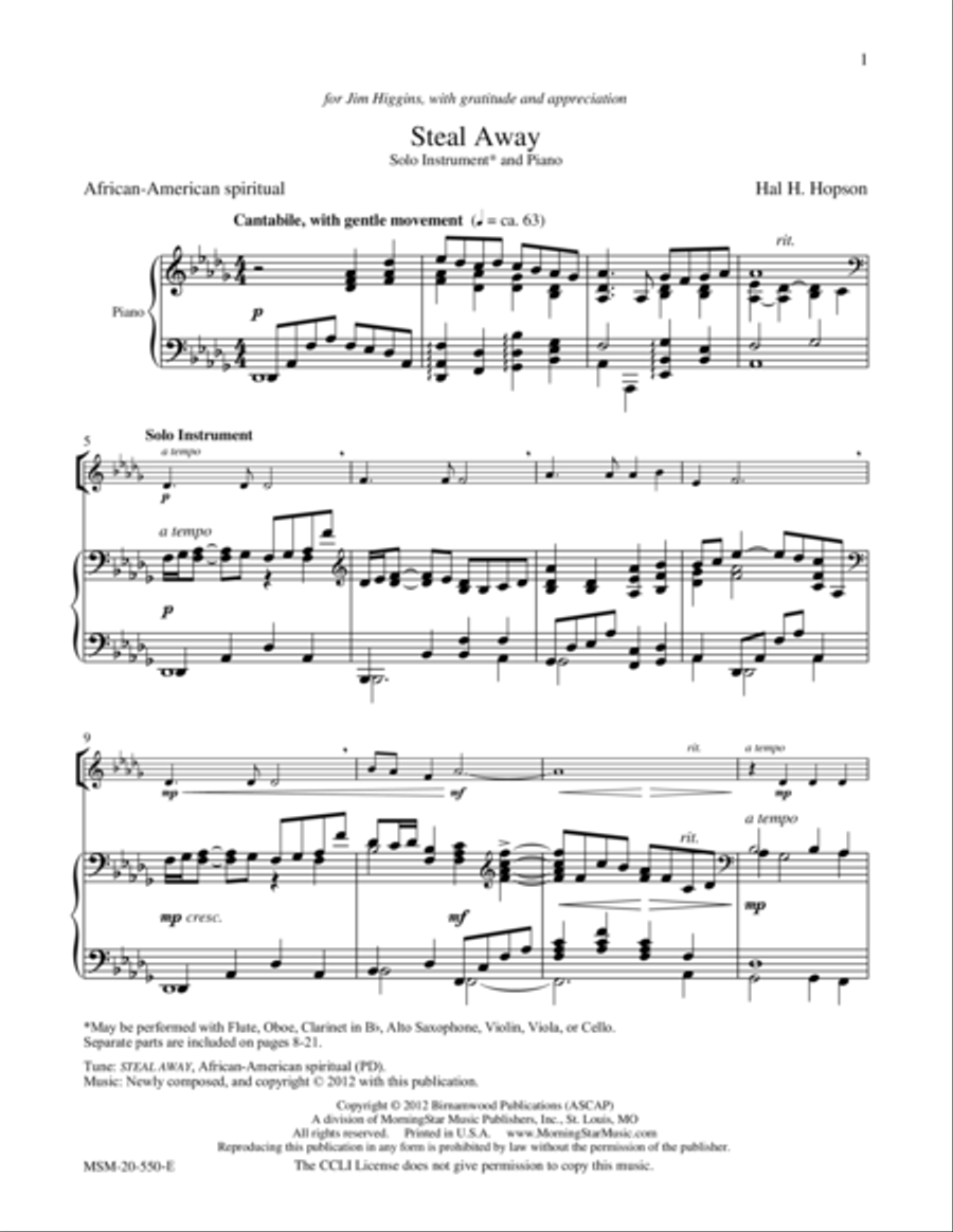 Steal Away Steal Away Clarinet scores gallery preview page 1